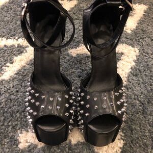 Silver Studded Black Heels with Ankle Strap